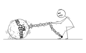 A stick figure struggles to pull a heavy ball labeled "Low Self-Esteem," symbolizing the burden addressed through building self-esteem in Brooklyn, NY with support from a self-esteem therapist in Brooklyn, NY and relationship therapy in Brooklyn, NY.