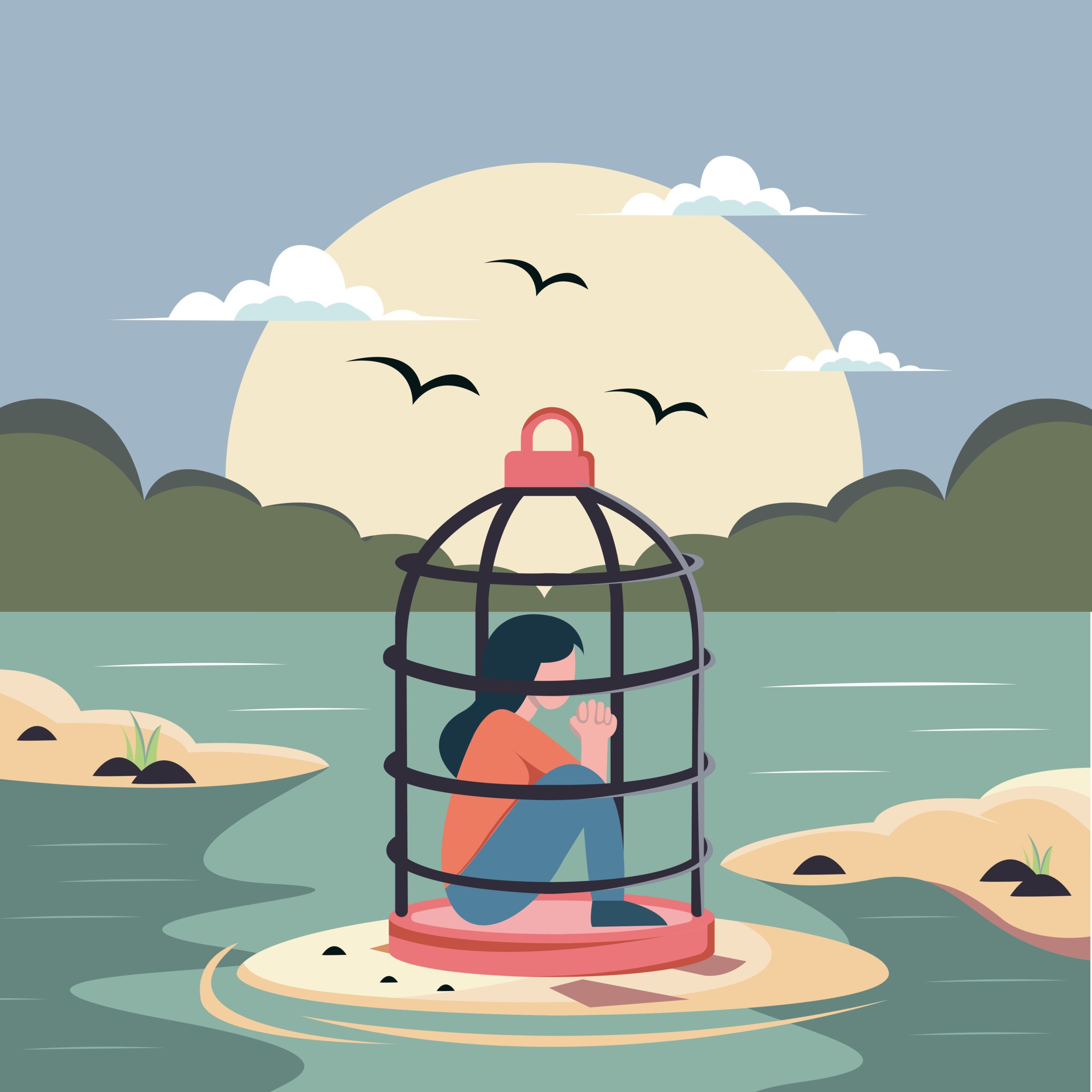 An illustration of a woman sitting in a small cage on an isolated island, symbolizing feeling trapped by stress. Those who feel stuck can benefit from anxiety treatment in Brooklyn, NY. A young adult therapist in Brooklyn, NY or a black therapist in Brooklyn, NY can provide safe, supportive care.