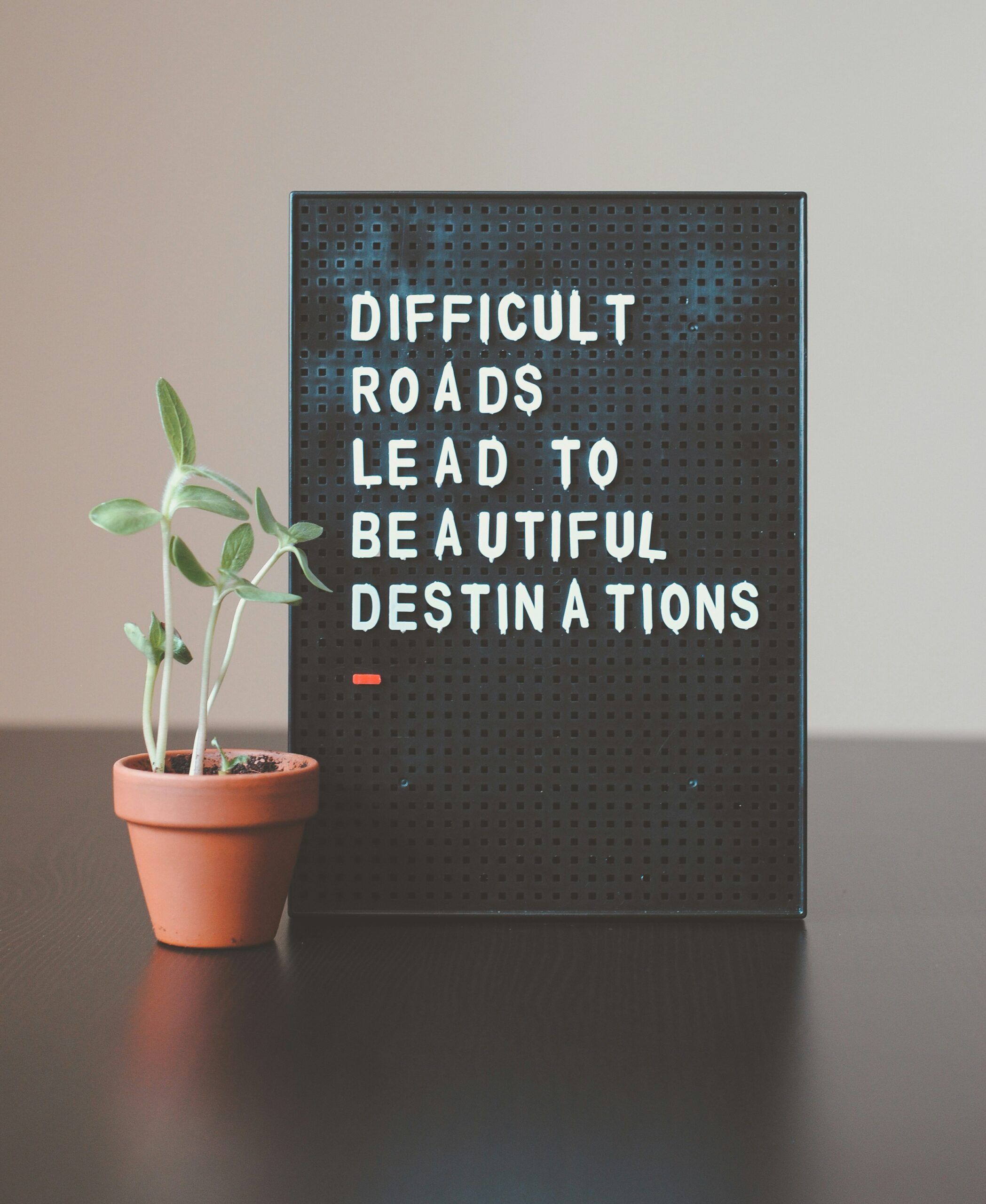 A motivational sign reading “Difficult roads lead to beautiful destinations” next to a small plant, symbolizing the growth and hope that schema focused therapy in Brooklyn, NY and support from a BIPOC therapist in Brooklyn, NY can provide