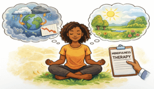 An illustration of a Black girl meditating with two thought bubbles — one showing global stressors like storms and economic decline, the other a peaceful sunny landscape — alongside a mindfulness therapy clipboard, representing how an anxiety therapist in Brooklyn, NY at SG Wellness helps break the psychology of feeling trapped in a cycle.