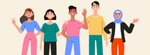 Illustration of five diverse young adults smiling and waving together, reflecting the secure friendships that schema therapy for fearful avoidant attachment helps build — explore this with Black women therapists in Brooklyn, NY at SG Wellness.