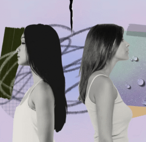 A collage image of two women standing back to back with a crack between them, reflecting the emotional distance that attachment style therapy in Brooklyn, NY helps address — work with a schema therapist in Brooklyn, NY at SG Wellness.
