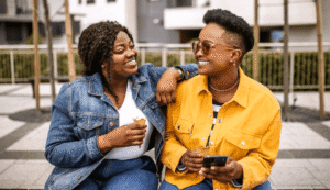 Two women laugh and lean into each other while sitting outside, reflecting the kind of easy, authentic friendship that becomes more possible when building self-esteem in Brooklyn, NY is prioritized. Healthy self-esteem allows people to show up in relationships with confidence, openness, and genuine ease. Improving self-esteem in Brooklyn, NY through therapy can help you create and sustain exactly this kind of connection. 
