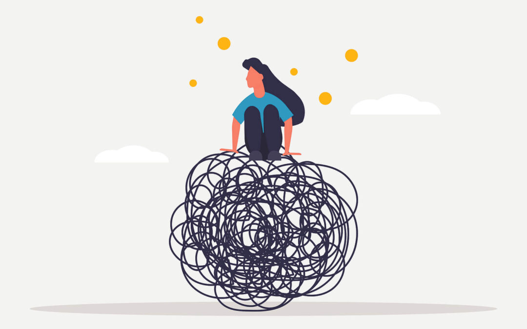 An illustration of a woman sitting on top of a tangled ball of lines, representing overwhelming thoughts. Many people experiencing anxiety symptoms in Brooklyn, NY find support through therapy for anxiety in Brooklyn, NY, working with a caring online therapist in Brooklyn, NY.