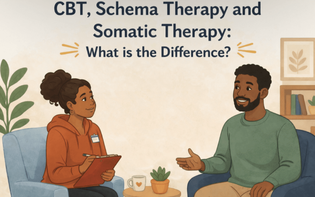 An illustrated blog cover showing a Black female therapist with a clipboard sitting across from a Black male client in a warm therapy office, representing the supportive environment of schema therapy in Brooklyn, NY — find a schema therapist in Brooklyn, NY at SG Wellness.