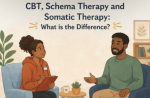 An illustrated blog cover showing a Black female therapist with a clipboard sitting across from a Black male client in a warm therapy office, representing the supportive environment of schema therapy in Brooklyn, NY — find a schema therapist in Brooklyn, NY at SG Wellness.