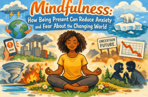 An illustrated blog cover showing a Black girl meditating peacefully at the center while surrounded by world stressors including news alerts, climate change, and economic decline, representing the grounding work of anxiety therapy Brooklyn and an anxiety therapist in Brooklyn, NY at SG Wellness.