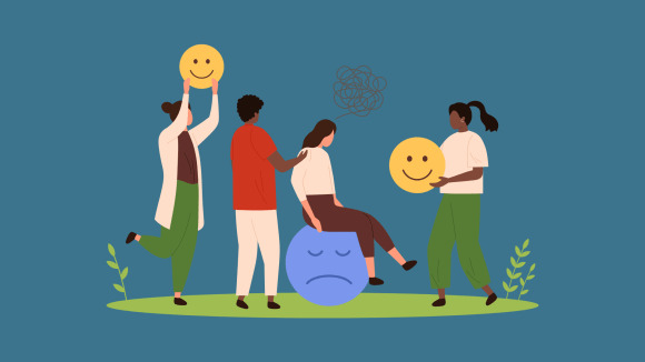 A colorful illustration of people offering support to a sad figure seated on a large blue emoji, representing the stuck in a loop meaning that many young adults recognize — that cycle of emotional avoidance and unresolved feelings that keeps them from moving forward. Counseling for young adults in Brooklyn, NY offers a supportive space to break that cycle and begin processing what's really going on beneath the surface.