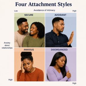 An infographic illustrates the 4 types of attachment styles — secure, avoidant, anxious, and disorganized — mapped by anxiety and avoidance in relationships. An attachment style therapist in Brooklyn, NY or attachment therapist in Brooklyn, NY can help you identify your own pattern 