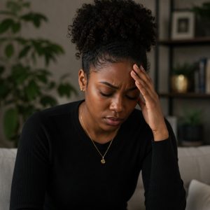A woman presses her hand to her forehead, visibly overwhelmed, a common sign of being stuck in a loop of overthinking. A BIPOC therapist in Brooklyn, NY can offer culturally attuned support for anyone feeling stuck in Brooklyn, NY. 