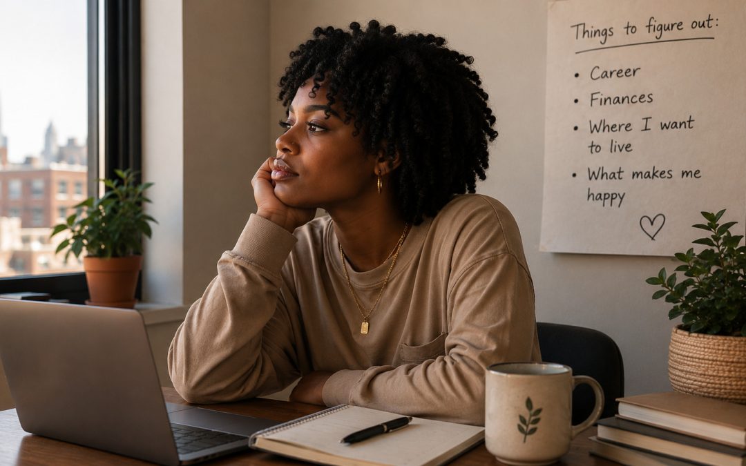 A young woman sits at her desk gazing out the window, a handwritten list titled 'Things to Figure Out' taped to the wall behind her, capturing what it feels like feeling stuck in Brooklyn, NY. A young adult therapist in Brooklyn, NY or therapist for young adults in Brooklyn, NY can help her work through this list one step at a time.