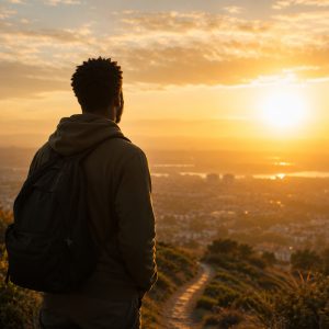 A man with a backpack stands on a hilltop overlooking a sunset and a path below, symbolizing the forward movement possible after feeling stuck in Brooklyn, NY. A BIPOC therapist in Brooklyn, NY can help you break the stuck in a loop pattern and find your own path forward. 