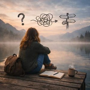 A woman sits on a dock overlooking a misty lake, illustrated symbols of a question mark, a tangled loop, and a signpost above her head showing what it feels like to be stuck in a loop of indecision. Whether you're feeling stuck in Brooklyn, NY or elsewhere, online therapy in Brooklyn, NY can help you find direction.