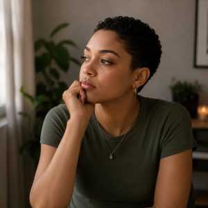 A young woman rests her chin on her hand, lost in thought, weighing decisions many young adults face. A young adult therapist in Brooklyn, NY or therapist for young adults in Brooklyn, NY, available through online therapy in Brooklyn, NY, can help her sort through the noise. 