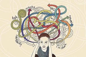 An illustration shows a person pressing their hands to their temples while a tangle of colorful arrows and words like maybe, yes, and stuck swirls overhead. It captures the mental loops behind feeling stuck in Brooklyn, NY. Attachment style therapy in Brooklyn, NY with a young adult therapist in Brooklyn, NY can help quiet the noise and move toward action. 